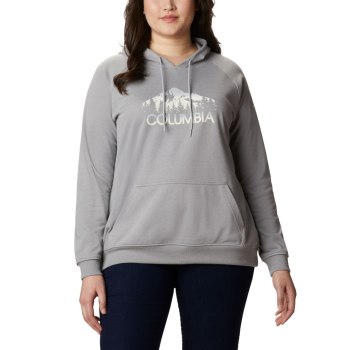 Columbia Logo French Terry Plus Size, Sudaderas Con Capucha Grises Para Mujer | 015923-VOL